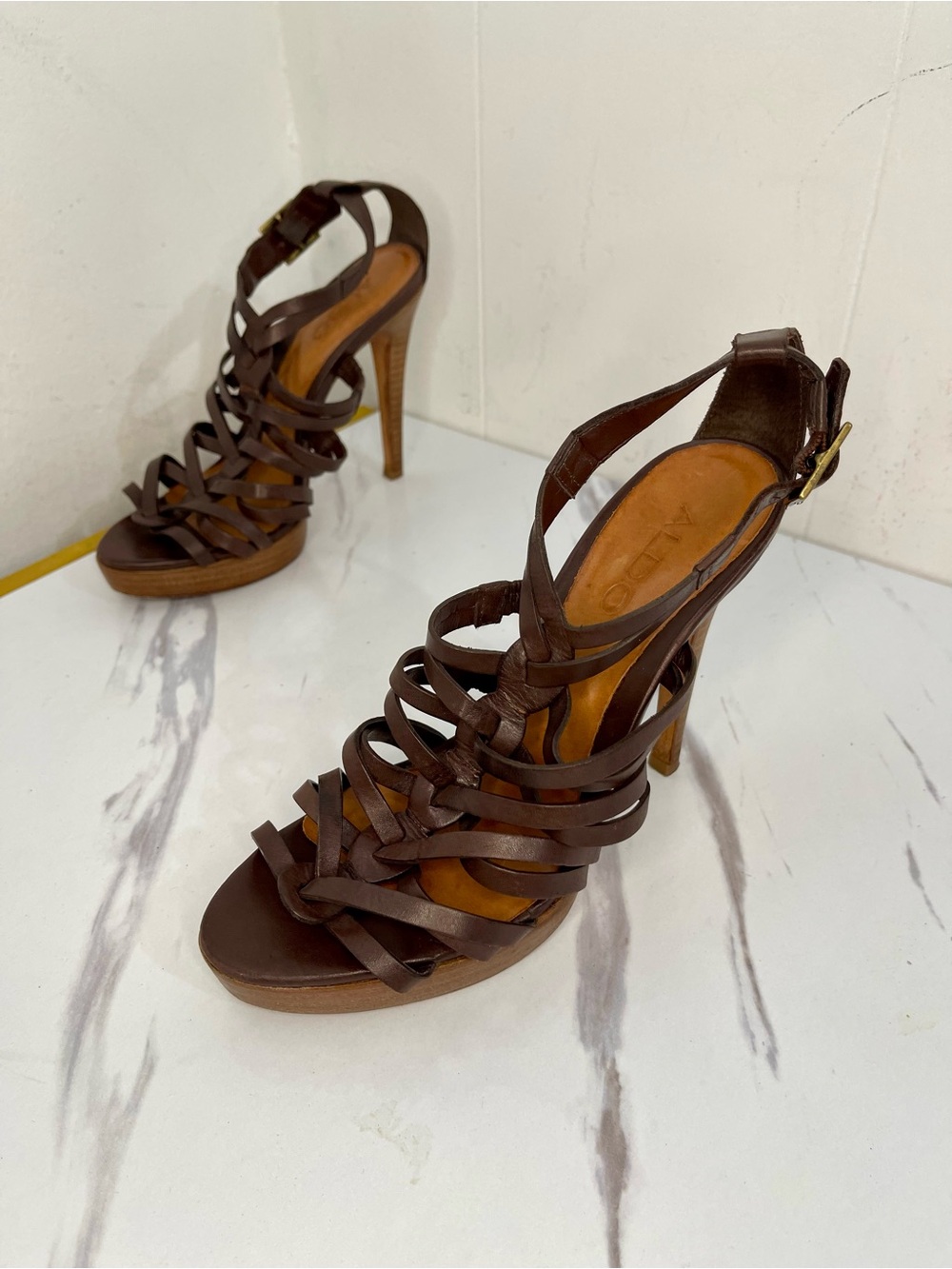 Aldo Brown Strappy High Heel Sandals with Intricate Design Sz EU 37/ US 6.5-7
